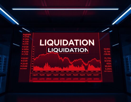 Red digital trading screen showing liquidation data with cascading numbers indicating a market downturn