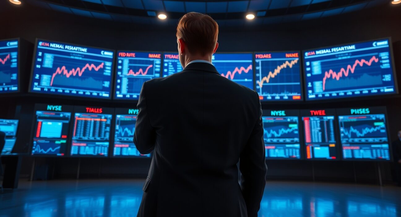 Trader analyzing interest rate futures data on screens showing Fed rate hike expectations for October