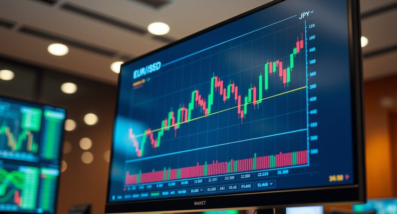 Close-up of a financial trading screen displaying a candlestick chart for EUR/USD and JPY currency pairs.