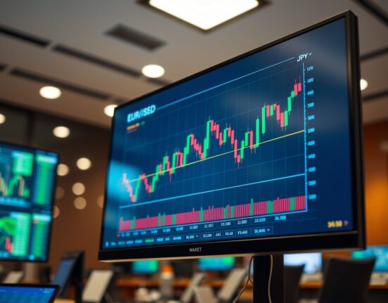 Close-up of a financial trading screen displaying a candlestick chart for EUR/USD and JPY currency pairs.