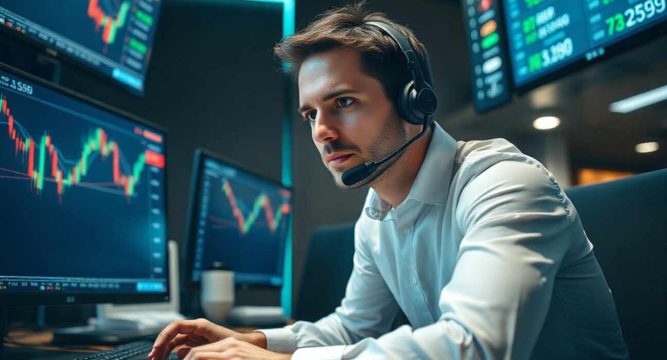 Professional trader monitoring currency exchange rates and options expiries on multiple screens in a modern trading floor.