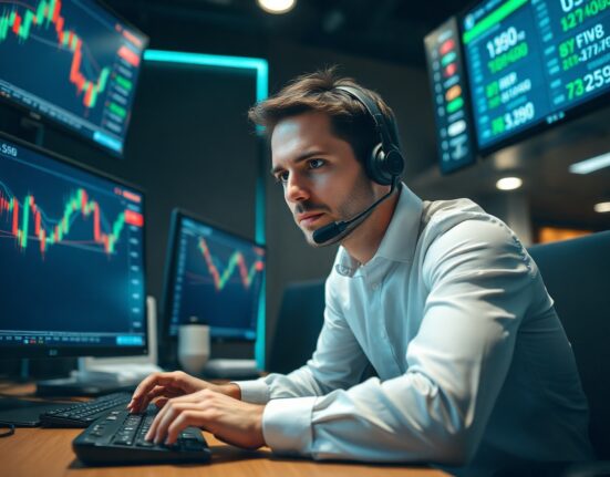 Professional trader monitoring currency exchange rates and options expiries on multiple screens in a modern trading floor.