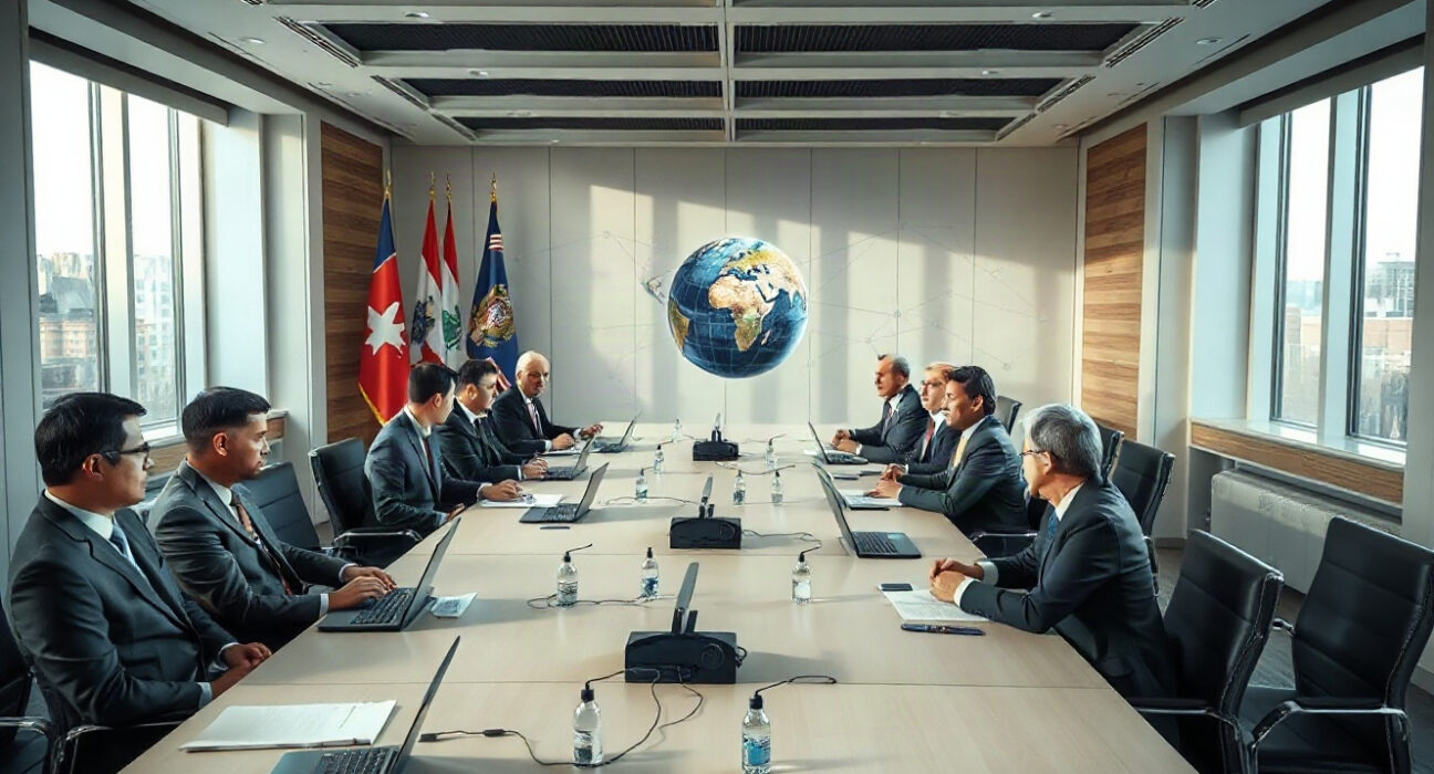 G20 finance leaders meeting in a modern conference room, discussing digital asset policy and cross-border payments.