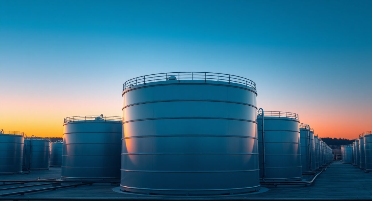 G7 strategic oil reserve storage tanks at an industrial facility, representing energy security policy.