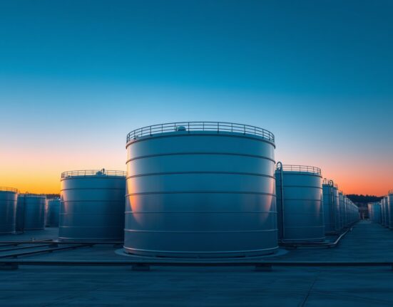 G7 strategic oil reserve storage tanks at an industrial facility, representing energy security policy.