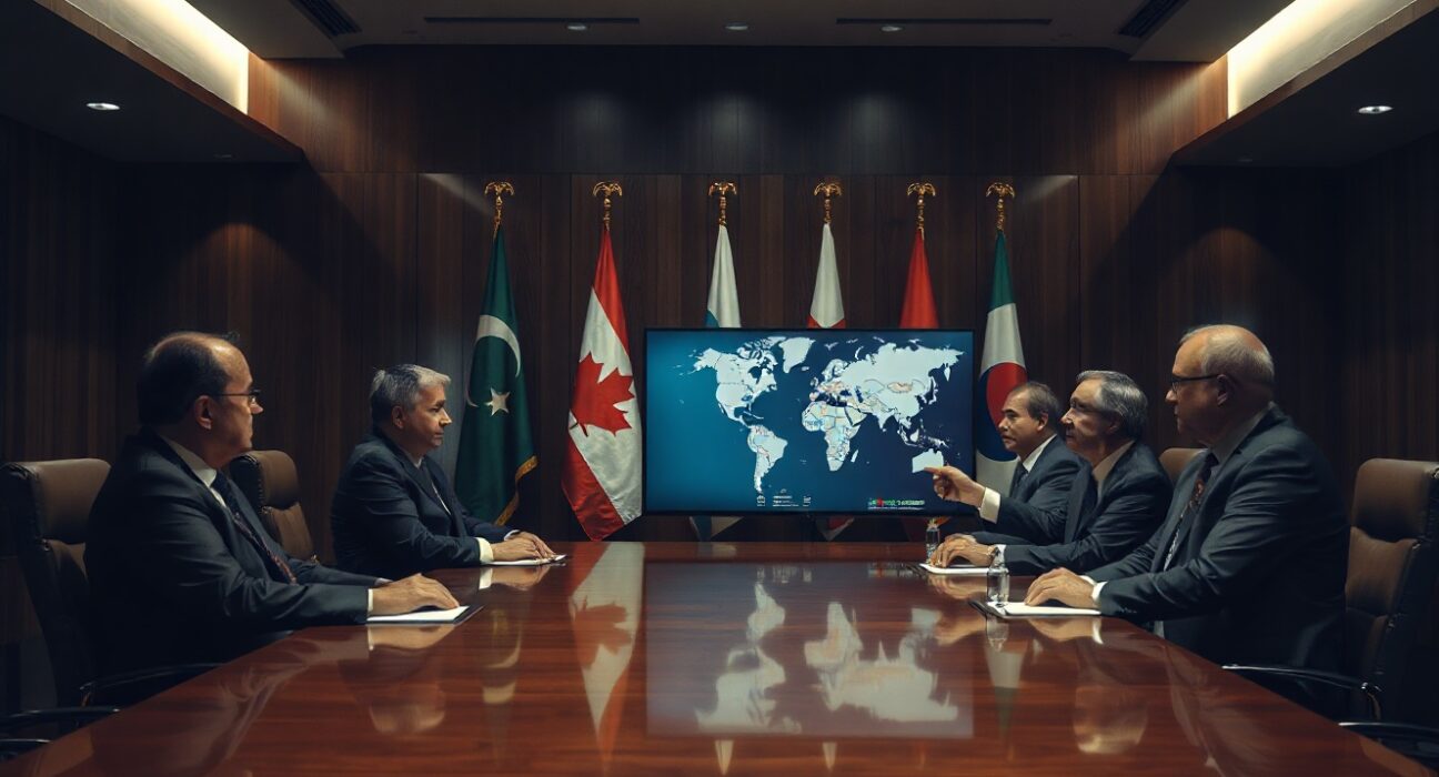 G7 leaders in a formal meeting discussing North Korea's cryptocurrency theft and nuclear threats.