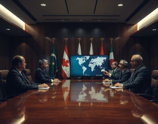 G7 leaders in a formal meeting discussing North Korea's cryptocurrency theft and nuclear threats.