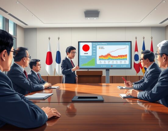 Japanese Industry Minister at G7 meeting discussing strategic oil reserve release process.