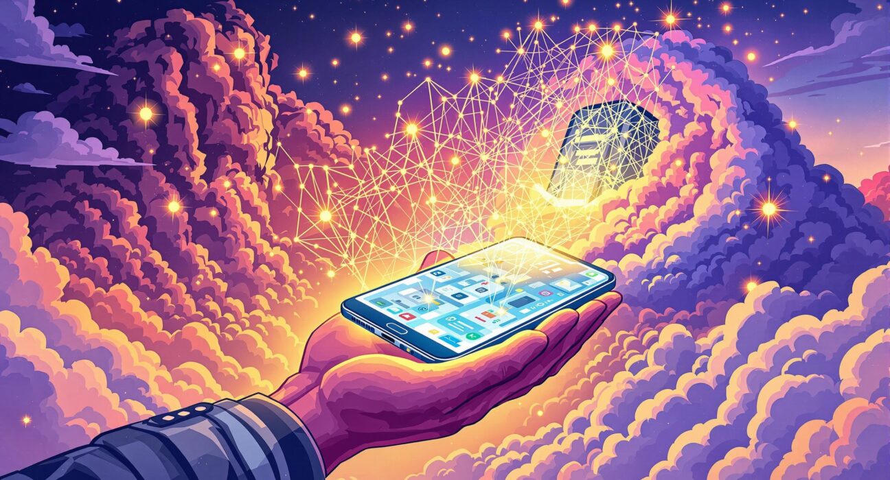 A cartoon illustration showing a smartphone connecting to a decentralized AI network, emphasizing user data control.