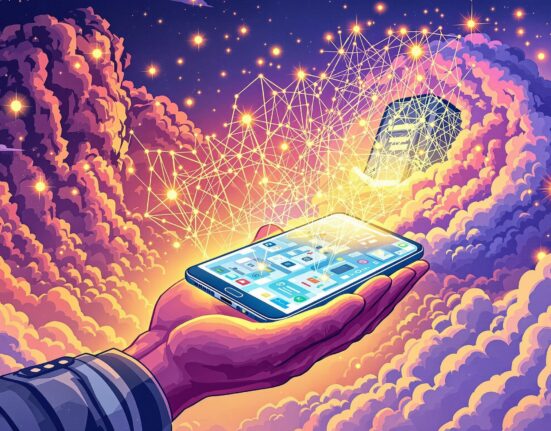 A cartoon illustration showing a smartphone connecting to a decentralized AI network, emphasizing user data control.