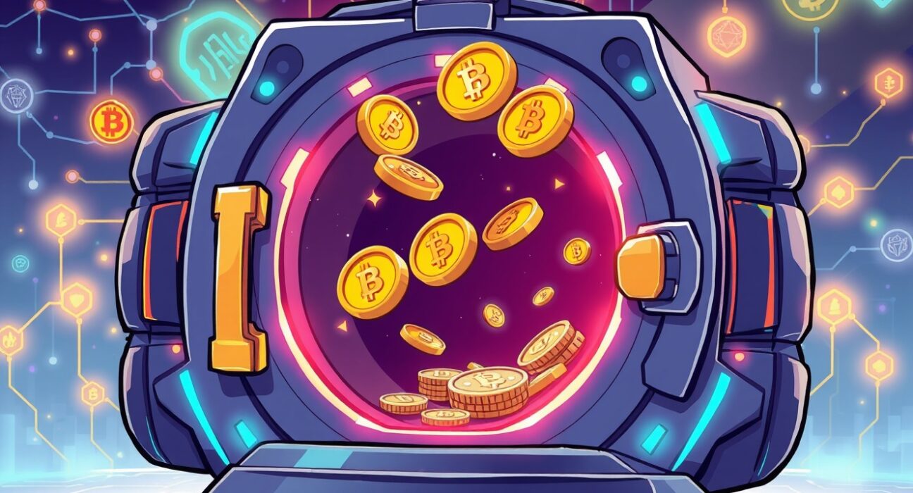 GAIB airdrop checker showing digital tokens emerging from blockchain vault with AI elements