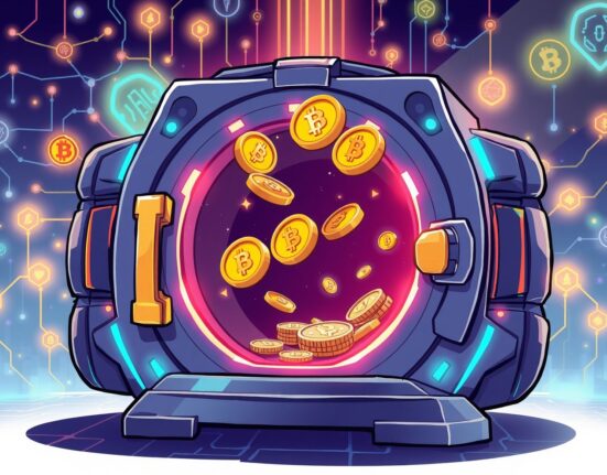 GAIB airdrop checker showing digital tokens emerging from blockchain vault with AI elements