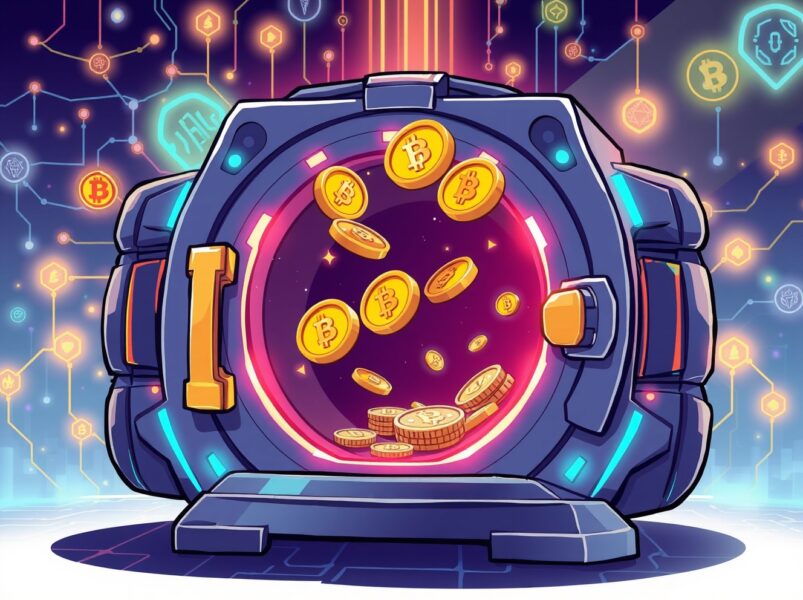 GAIB airdrop checker showing digital tokens emerging from blockchain vault with AI elements