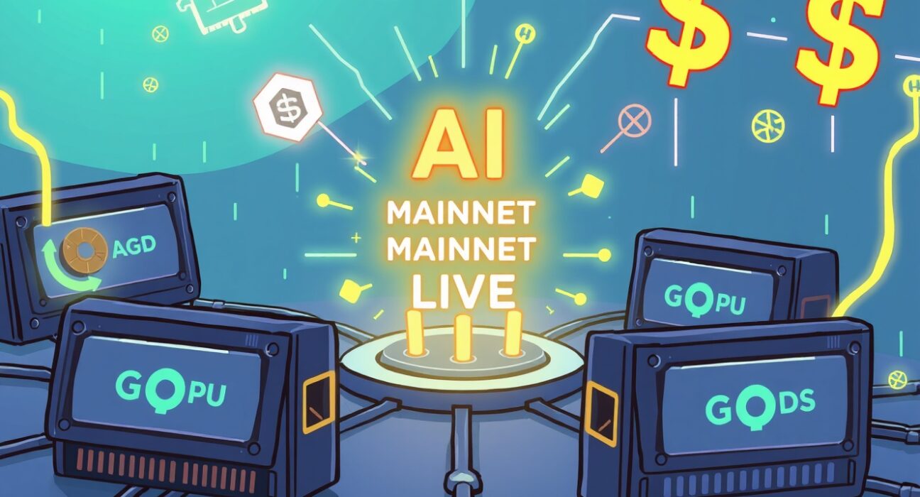 A cartoon illustration showing the GAIB mainnet launching, symbolizing AI and GPU tokenization transforming crypto finance.