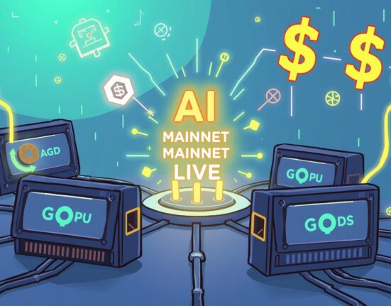 A cartoon illustration showing the GAIB mainnet launching, symbolizing AI and GPU tokenization transforming crypto finance.