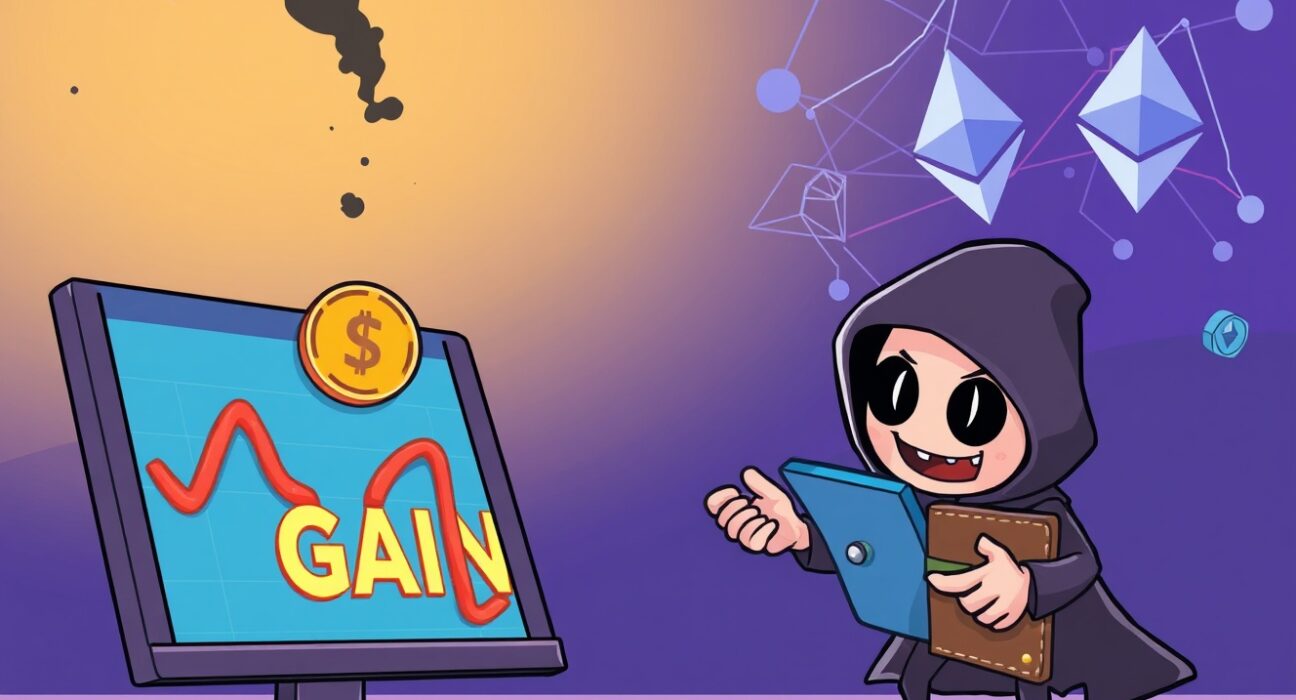 Cartoon illustration showing the aftermath of a **token exploit**, with a digital thief profiting from a plummeting crypto asset.
