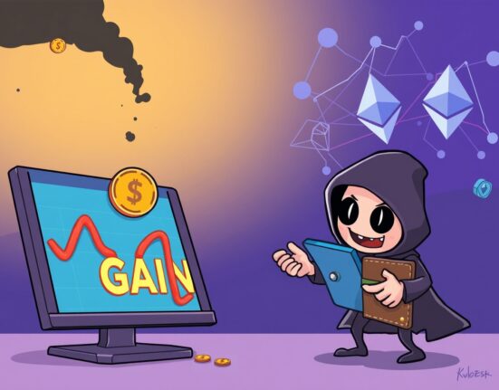 Cartoon illustration showing the aftermath of a **token exploit**, with a digital thief profiting from a plummeting crypto asset.