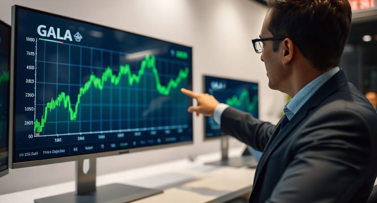 Financial analyst reviewing GALA cryptocurrency price chart on a large screen in a modern newsroom setting.