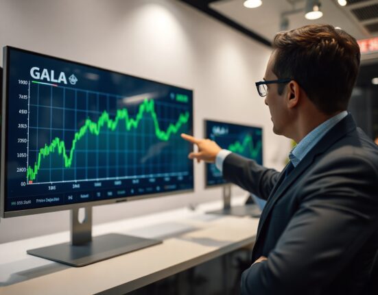 Financial analyst reviewing GALA cryptocurrency price chart on a large screen in a modern newsroom setting.