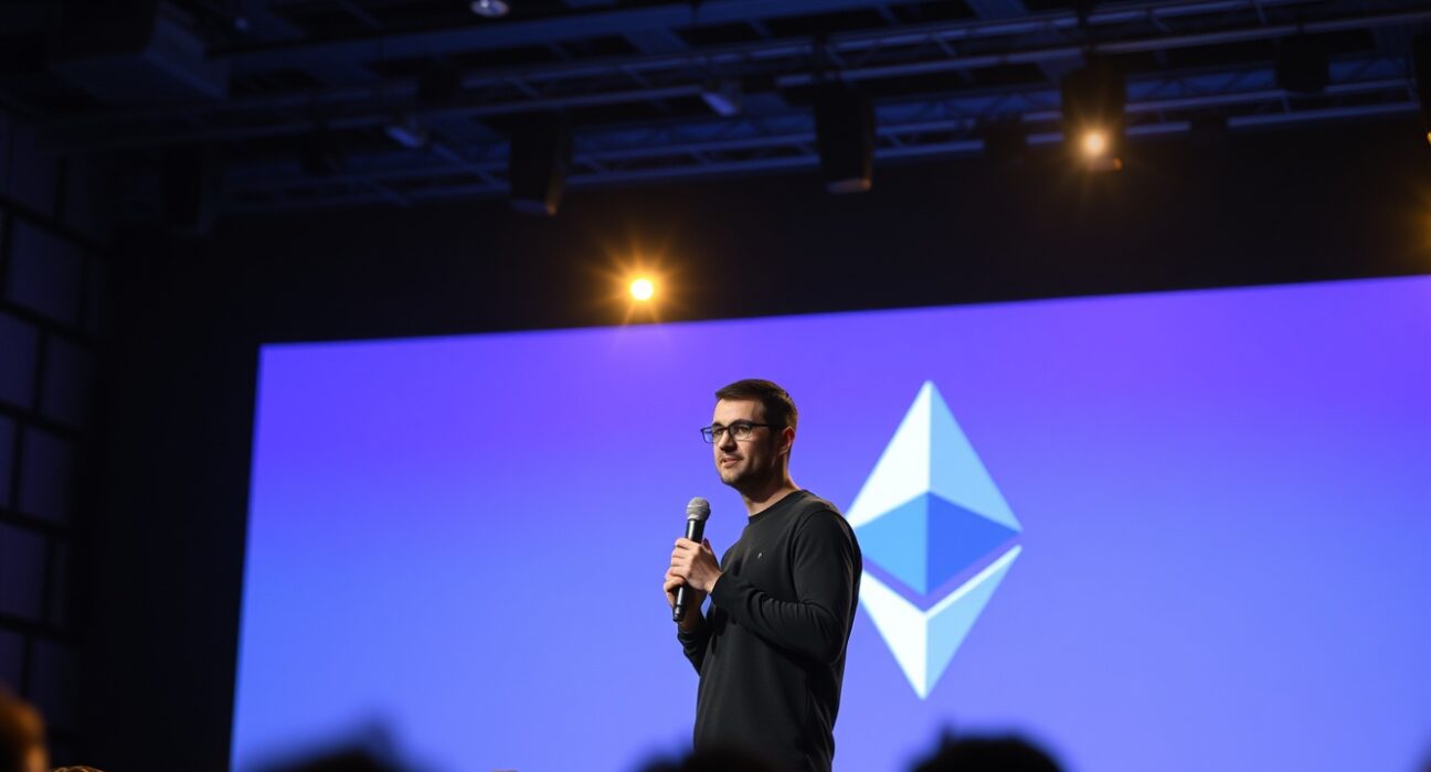 Vitalik Buterin speaking on stage at a crypto conference with Ethereum logo on screen behind him