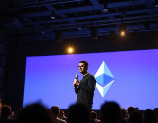 Vitalik Buterin speaking on stage at a crypto conference with Ethereum logo on screen behind him