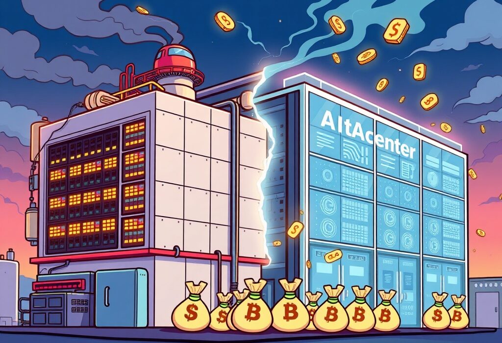 A cartoon illustration depicting Galaxy Digital's Helios crypto mining facility transforming into an advanced AI data center with new investment.