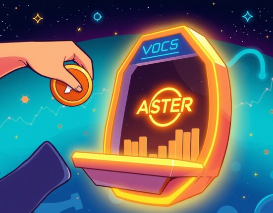 Cartoon showing a hand withdrawing a large 'ASTER' token from a digital exchange, illustrating a significant Galaxy Digital ASTER withdrawal and accumulation.