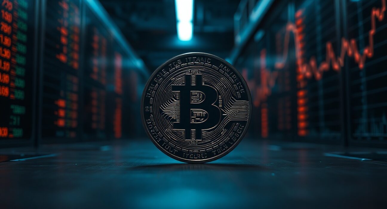 Bitcoin coin in foreground with digital financial charts in background, representing Galaxy Digital's transfer to Binance.