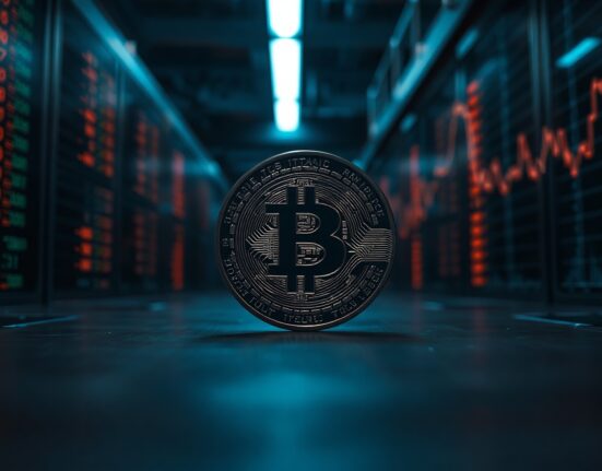 Bitcoin coin in foreground with digital financial charts in background, representing Galaxy Digital's transfer to Binance.