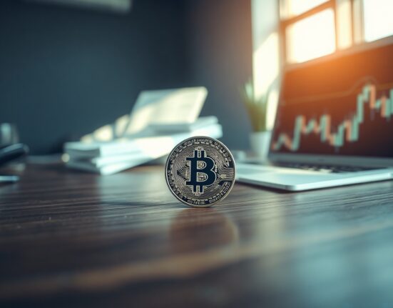 Bitcoin coin on a desk with financial charts in the background, representing market cycle analysis