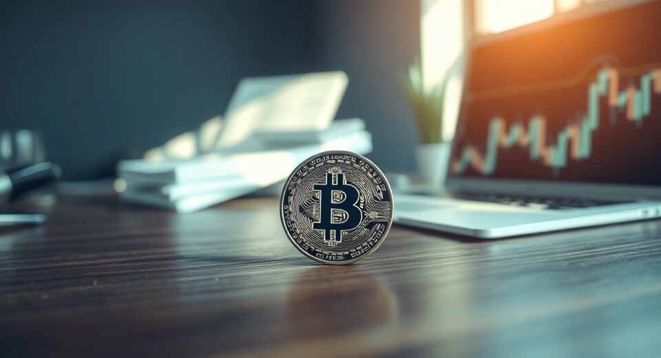 Bitcoin coin on a desk with financial charts in the background, representing market cycle analysis