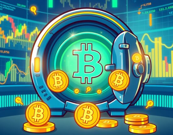 Galaxy Digital Bitcoin deposit visualized as digital assets flowing into a secure vault, representing institutional crypto strategy.