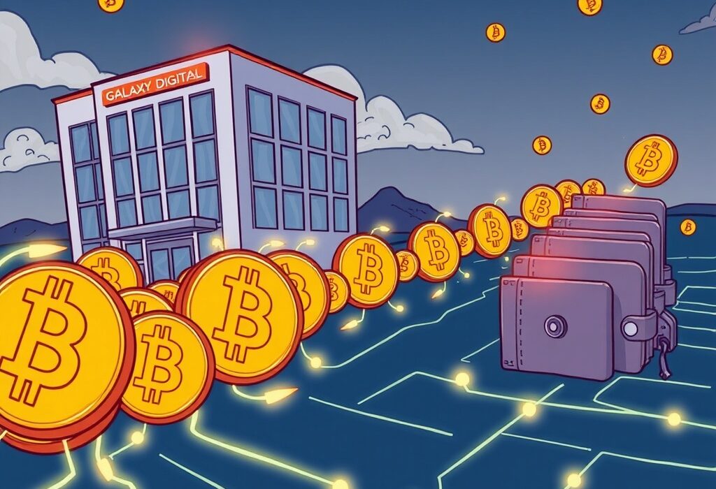 A cartoon illustration symbolizing the Galaxy Digital Bitcoin movement of 3,715 BTC to new addresses, highlighting significant on-chain activity.