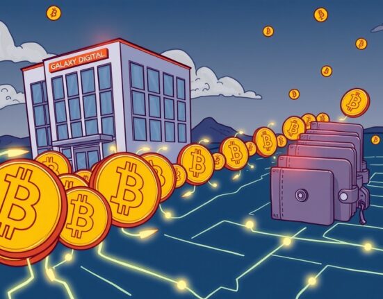 A cartoon illustration symbolizing the Galaxy Digital Bitcoin movement of 3,715 BTC to new addresses, highlighting significant on-chain activity.