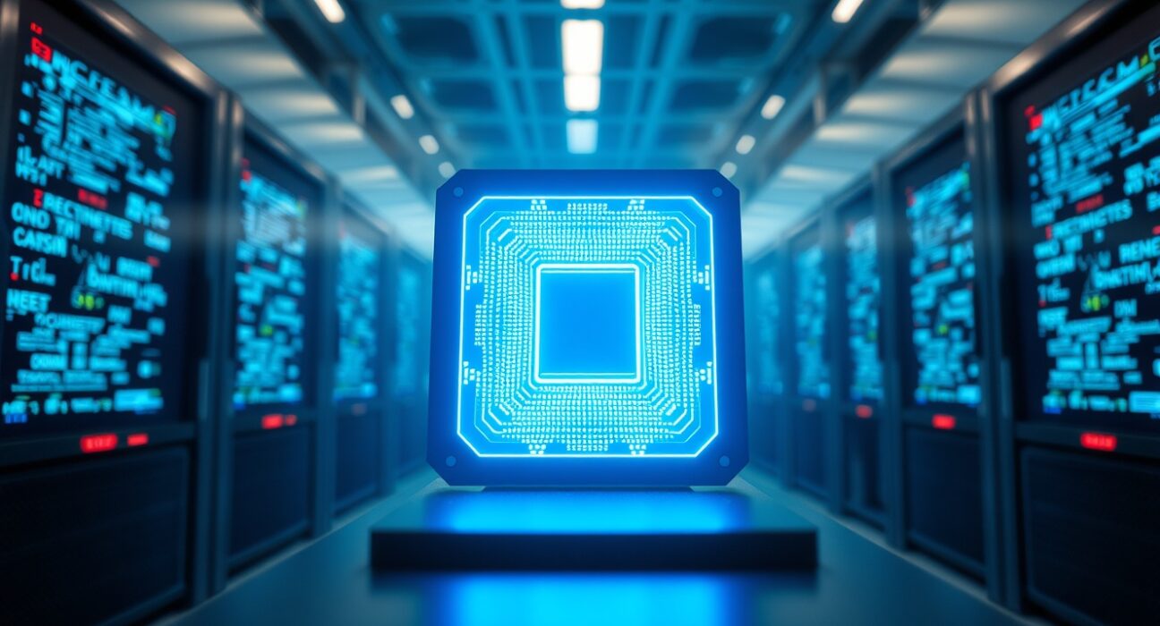 A quantum computer processor in a high-tech lab, representing the threat to Bitcoin's cryptography.