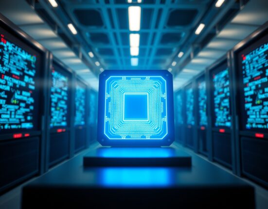 A quantum computer processor in a high-tech lab, representing the threat to Bitcoin's cryptography.