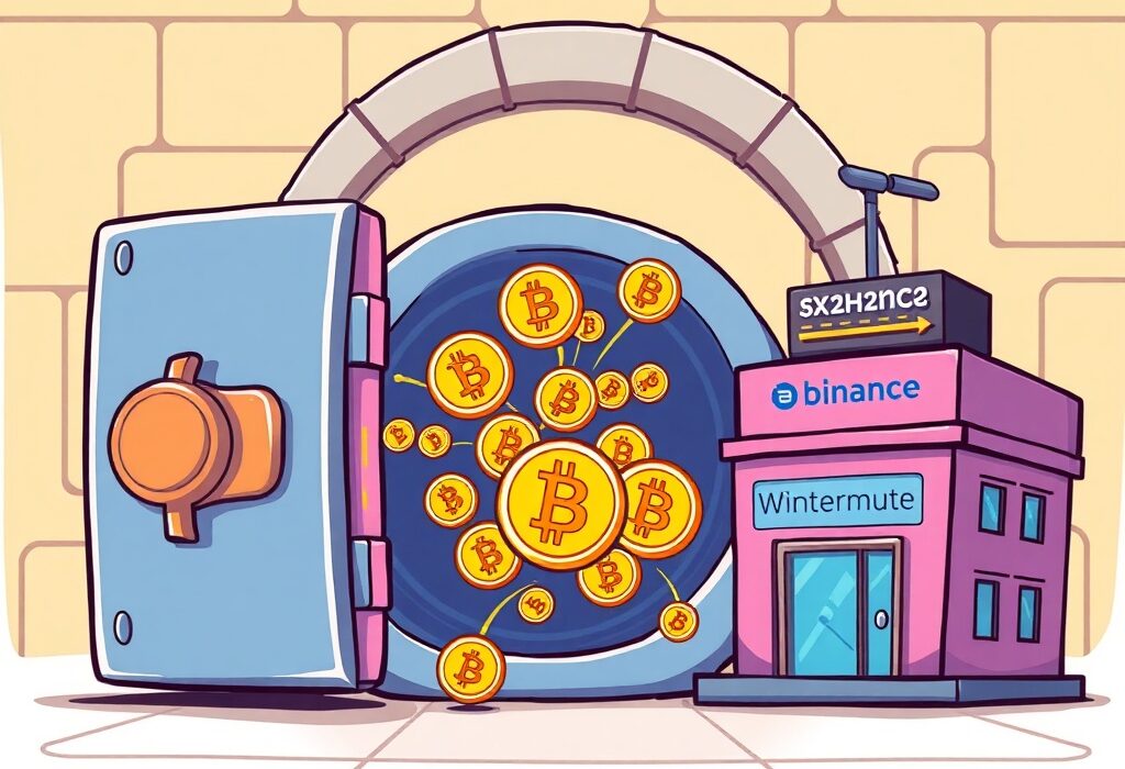 A cartoon illustration showing a significant Galaxy Digital Bitcoin transfer to Binance and Wintermute, indicating major market movements.