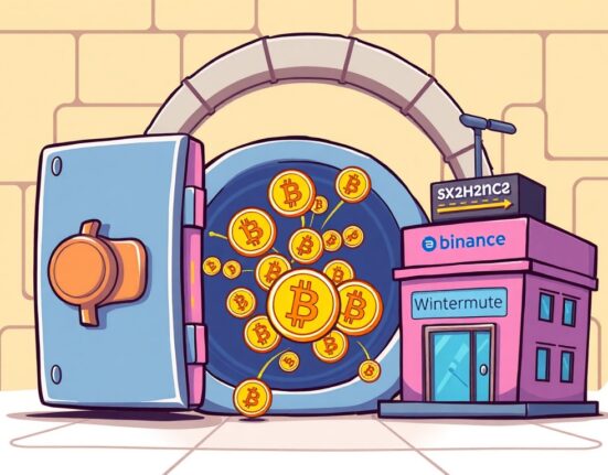 A cartoon illustration showing a significant Galaxy Digital Bitcoin transfer to Binance and Wintermute, indicating major market movements.