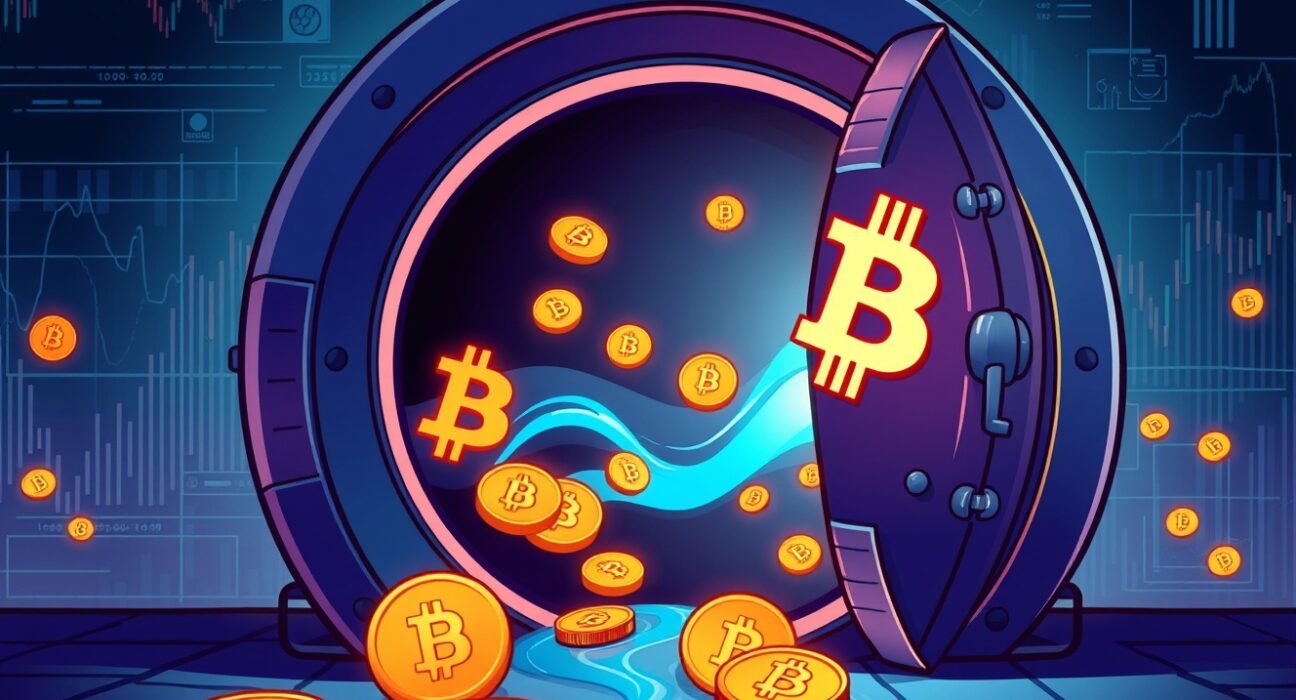 Illustration of a major Galaxy Digital Bitcoin transfer flowing into a secure digital vault.