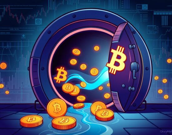 Illustration of a major Galaxy Digital Bitcoin transfer flowing into a secure digital vault.