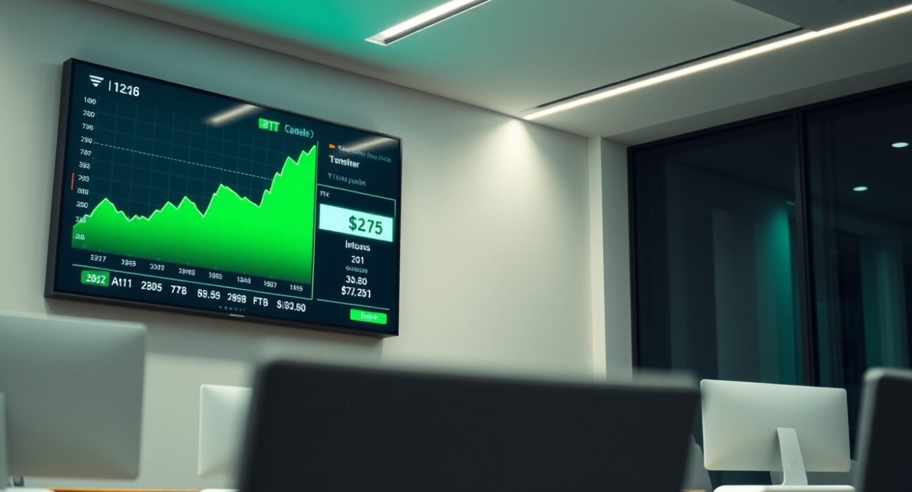 A financial trading screen displaying Bitcoin price chart and a large transaction notification.