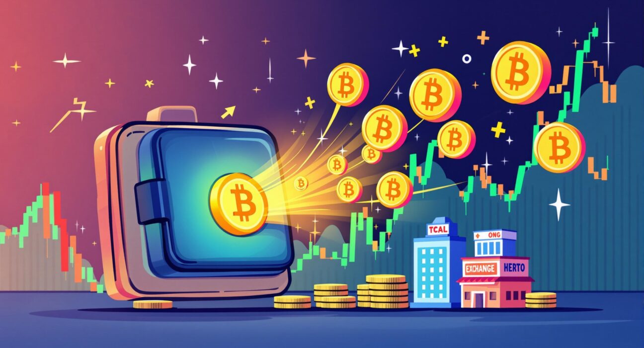 A cartoon illustrating crucial Bitcoin transfers from a large institutional wallet to exchanges, impacting the crypto market.