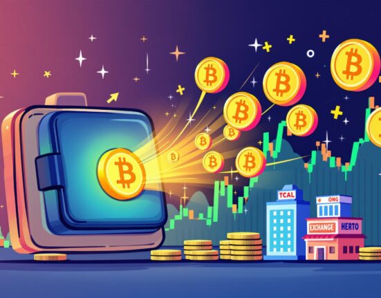 A cartoon illustrating crucial Bitcoin transfers from a large institutional wallet to exchanges, impacting the crypto market.