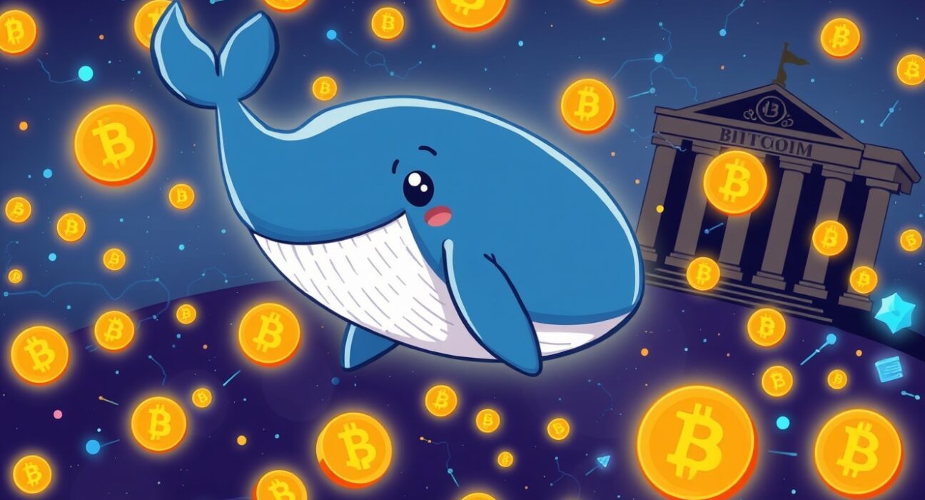 A cartoon illustration of a massive Galaxy Digital Bitcoin transfer to a crypto whale, symbolizing large-scale institutional movement.