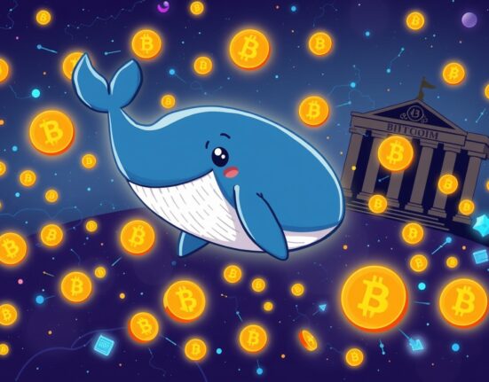 A cartoon illustration of a massive Galaxy Digital Bitcoin transfer to a crypto whale, symbolizing large-scale institutional movement.