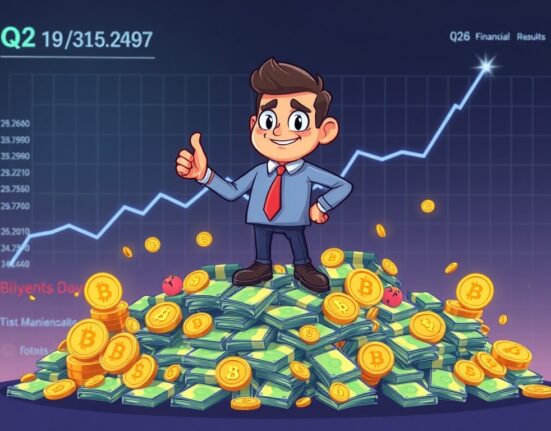 Cartoon showing a crypto financial services firm with significant Galaxy Digital cash and stablecoin holdings, illustrating strong financial health.