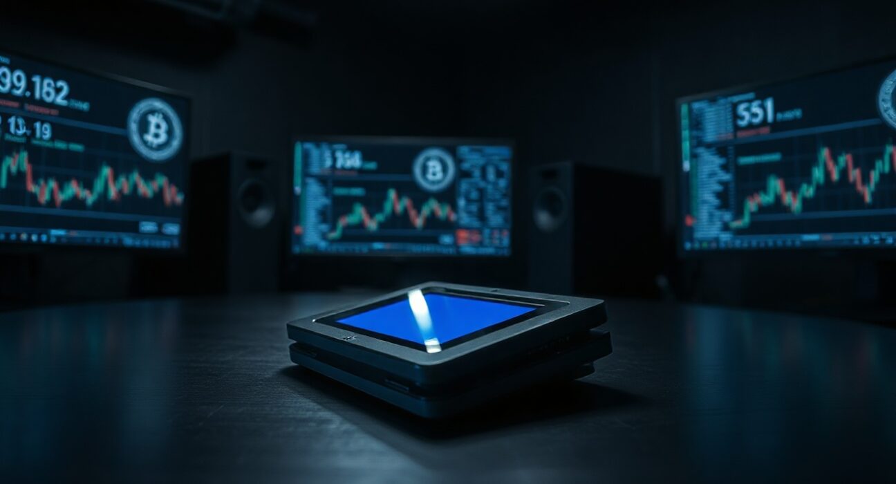 A Coldcard hardware wallet on a desk in a security monitoring room, symbolizing the Bitcoin theft exploit.