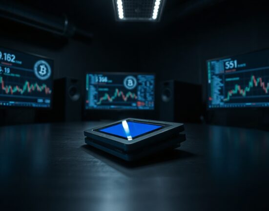 A Coldcard hardware wallet on a desk in a security monitoring room, symbolizing the Bitcoin theft exploit.