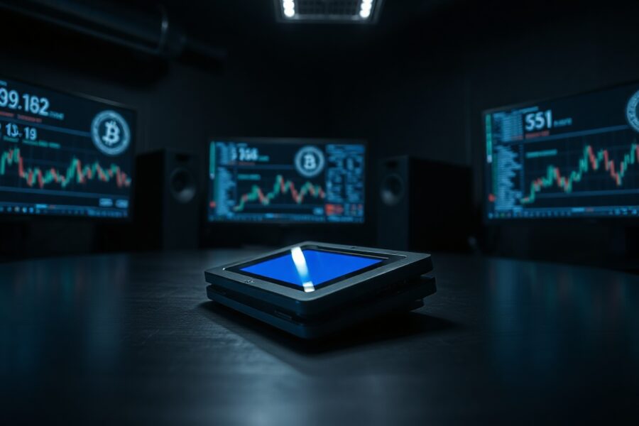 A Coldcard hardware wallet on a desk in a security monitoring room, symbolizing the Bitcoin theft exploit.