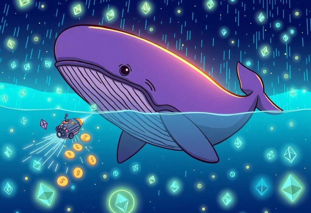 A mysterious whale receiving a significant Galaxy Digital ETH transfer in a digital ocean, symbolizing a major on-chain transaction.